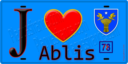 Plaque métal décorative  J' ❤️ Ablis, Yvelines (78) fond bleu