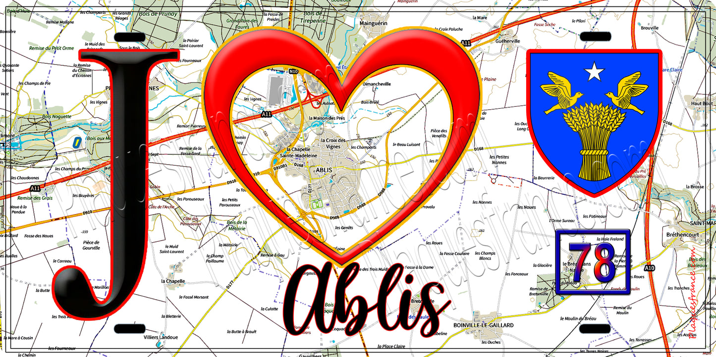 Plaque métal décorative  J' ❤️ Ablis, Yvelines (78) fond carte