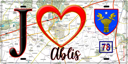 Plaque métal décorative  J' ❤️ Ablis, Yvelines (78) fond carte