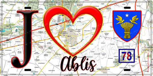 Plaque métal décorative  J' ❤️ Ablis, Yvelines (78) fond carte