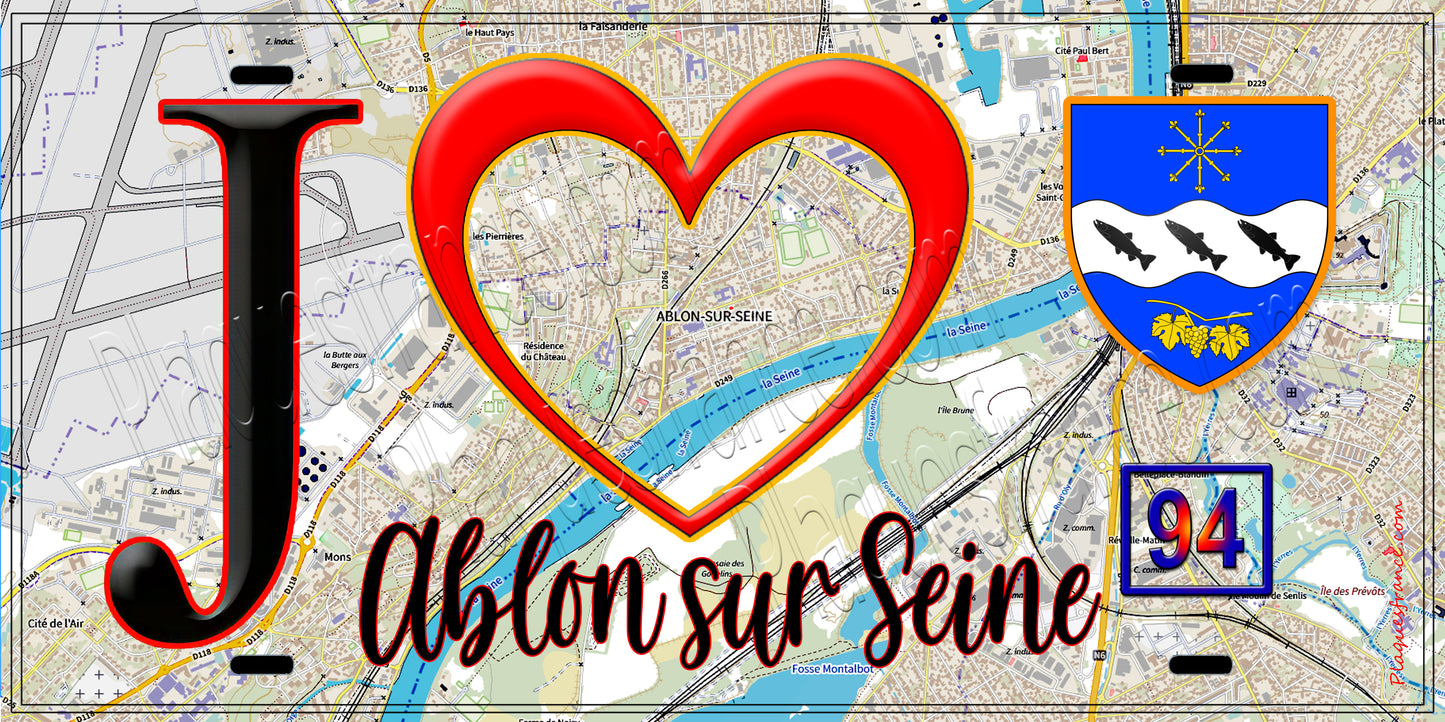Plaque métal décorative  J' ❤️Ablon-sur-Seine, Val de Marne (94) fond carte
