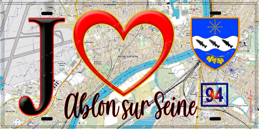 Plaque métal décorative  J' ❤️Ablon-sur-Seine, Val de Marne (94) fond carte