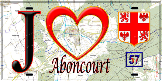 Plaque métal décorative, J'❤️ Aboncourt, Moselle (57) fond carte