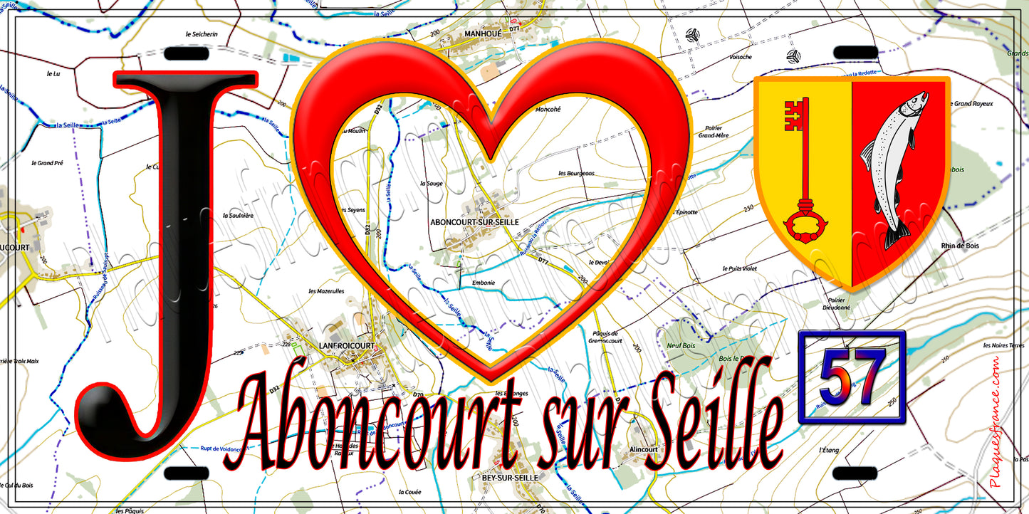 Plaque métal décorative J' ❤️ Aboncourt sur Seille, fond bleu 57 fond carte