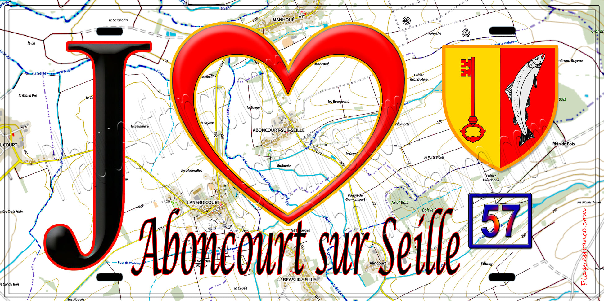 Plaque métal décorative J' ❤️ Aboncourt sur Seille, fond bleu 57 fond carte