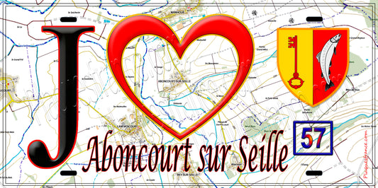 Plaque métal décorative J' ❤️ Aboncourt sur Seille, fond bleu 57 fond carte