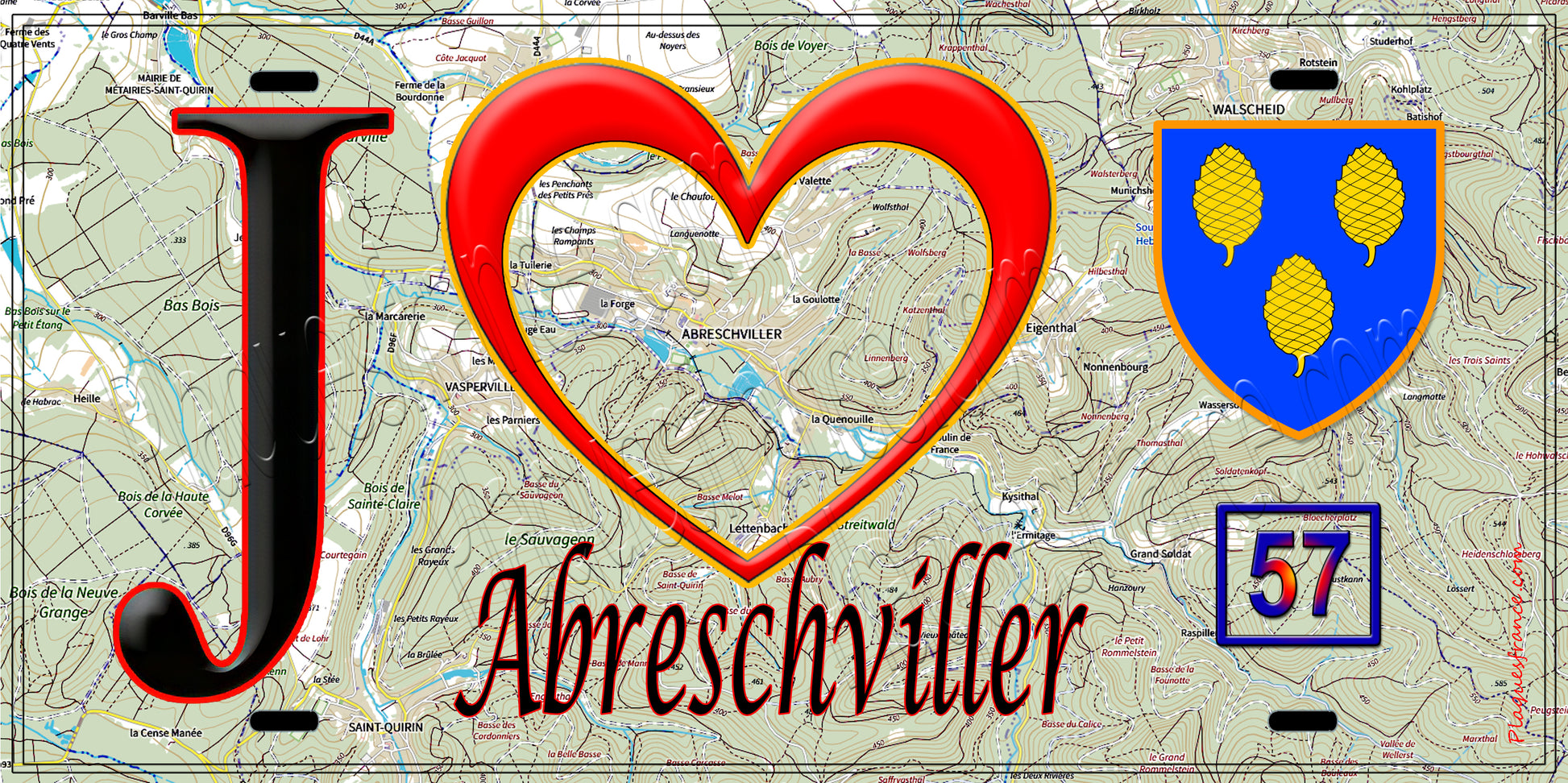 Plaque métal décorative, J'❤️Abreschviller, Moselle (57) fond carte