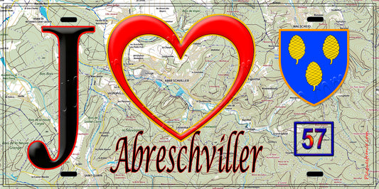 Plaque métal décorative, J'❤️Abreschviller, Moselle (57) fond carte
