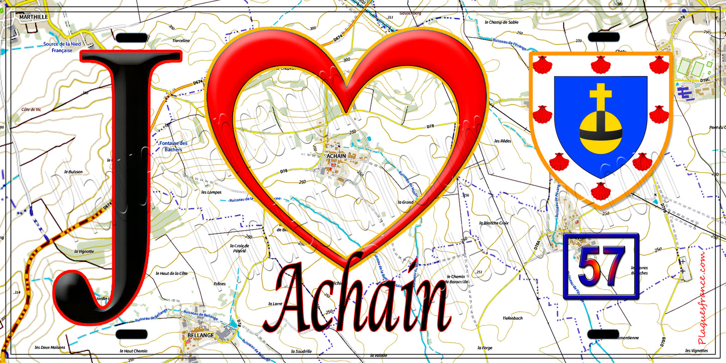 Plaque métal décorative J' ❤️ Achain, fond bleu 57 fond carte