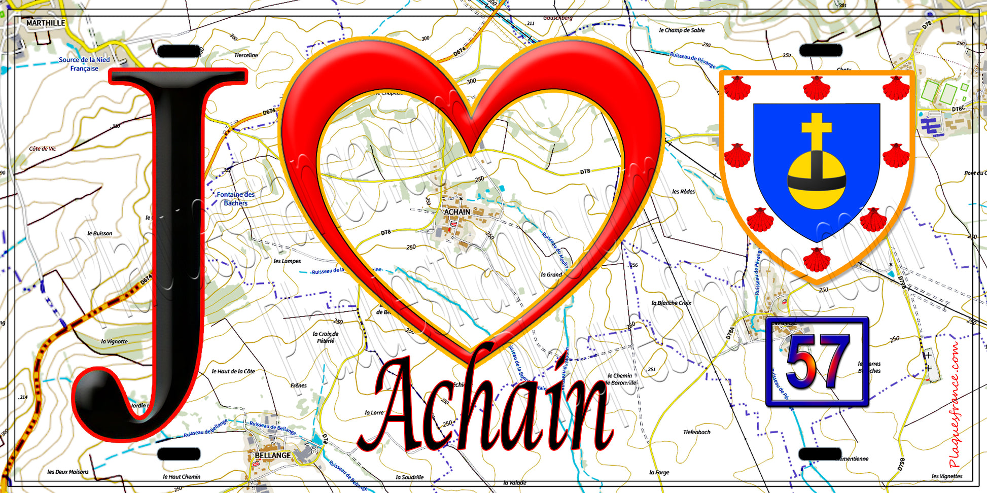 Plaque métal décorative J' ❤️ Achain, fond bleu 57 fond carte