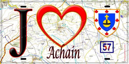 Plaque métal décorative J' ❤️ Achain, fond bleu 57 fond carte