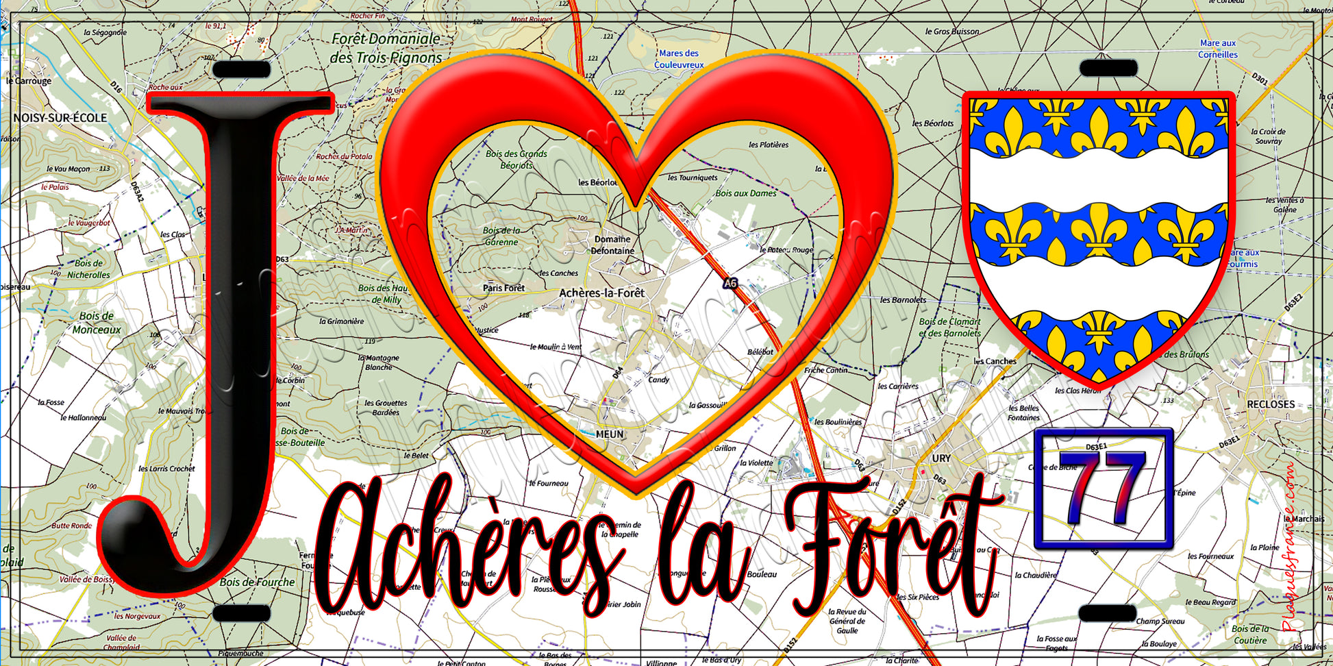 Plaque métal décorative  J' ❤️Achères-la-Forêt, Seine et Mrne (77) fond carte