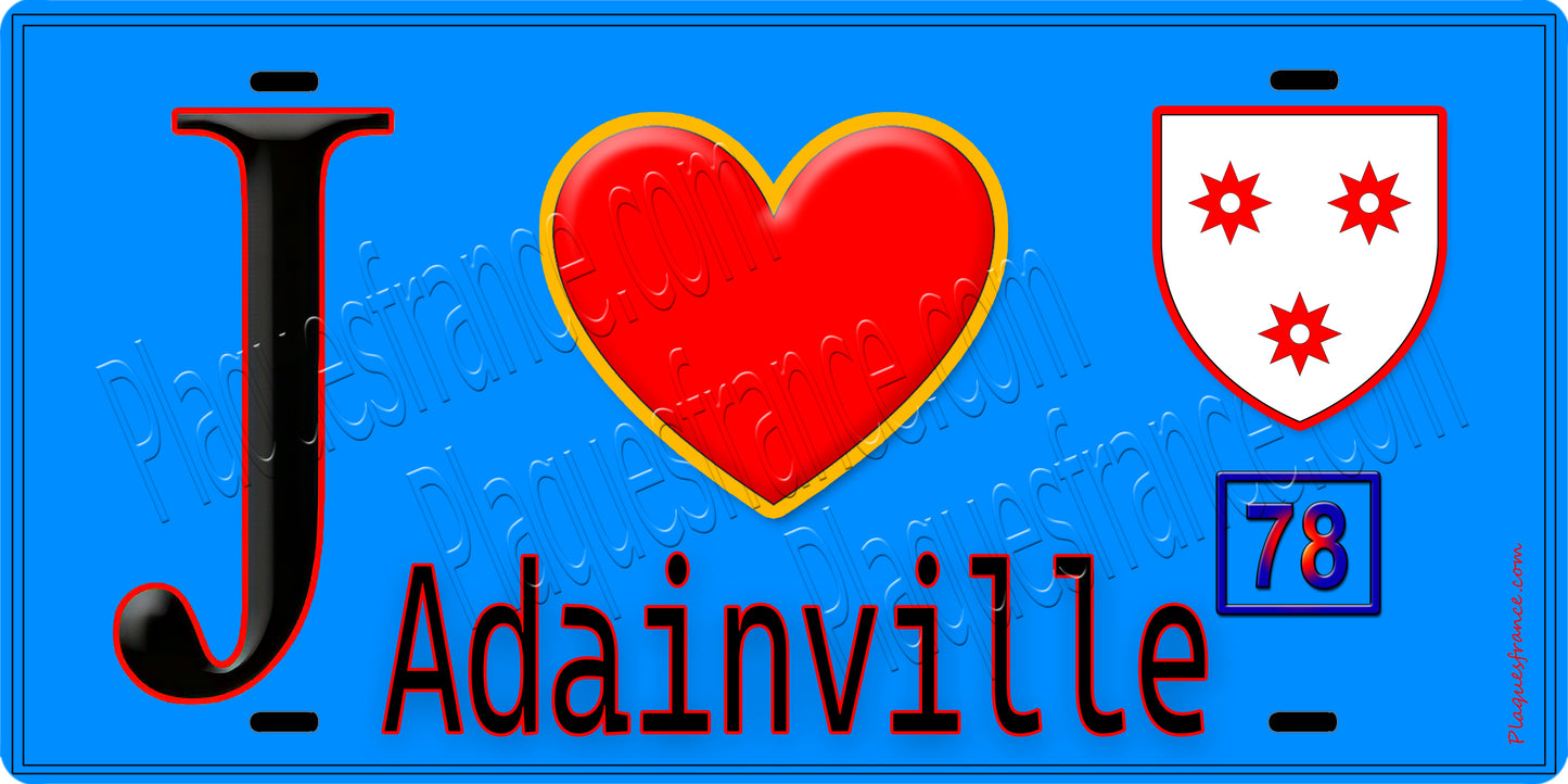 Plaque métal décorative  J' ❤️ Adainville, Yvelines (78) fond bleu