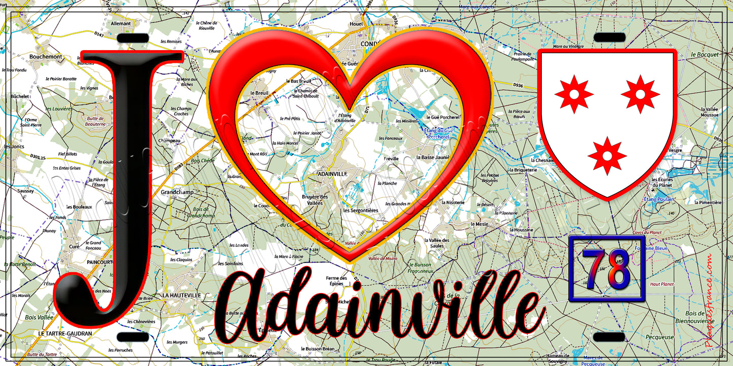 Plaque métal décorative  J' ❤️ Adainville, Yvelines (78) fond carte