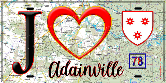 Plaque métal décorative  J' ❤️ Adainville, Yvelines (78) fond carte