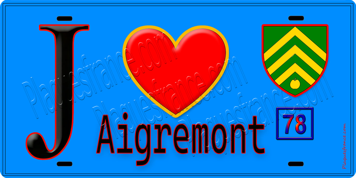 Plaque métal décorative  J' ❤️ Aigremont, Yvelines (78) fond bleu