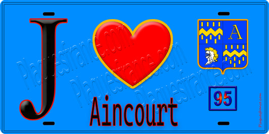 Plaque métal décorative  J' ❤️Aincourt, Val d'Oise (95) fond bleu