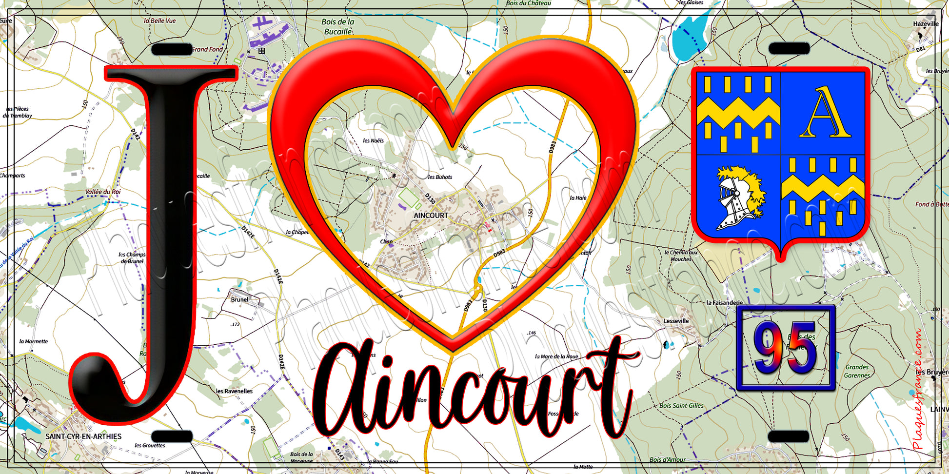 Plaque métal décorative  J' ❤️Aincourt, Val d'Oise (95) fond carte