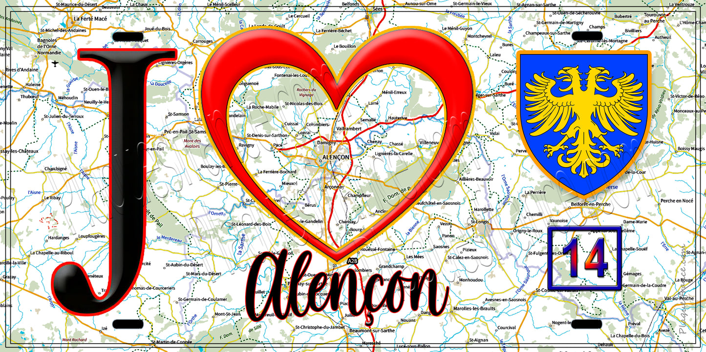 Plaque métal décorative, J' ❤️Alençon, Orne (61)