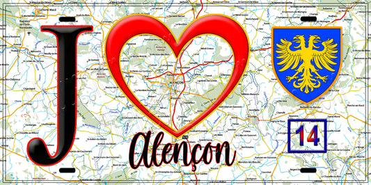 Plaque métal décorative, J' ❤️Alençon, Orne (61)