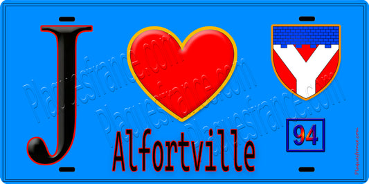 Plaque métal décorative  J' ❤️Alfortville, Val de Marne (94) fond bleu