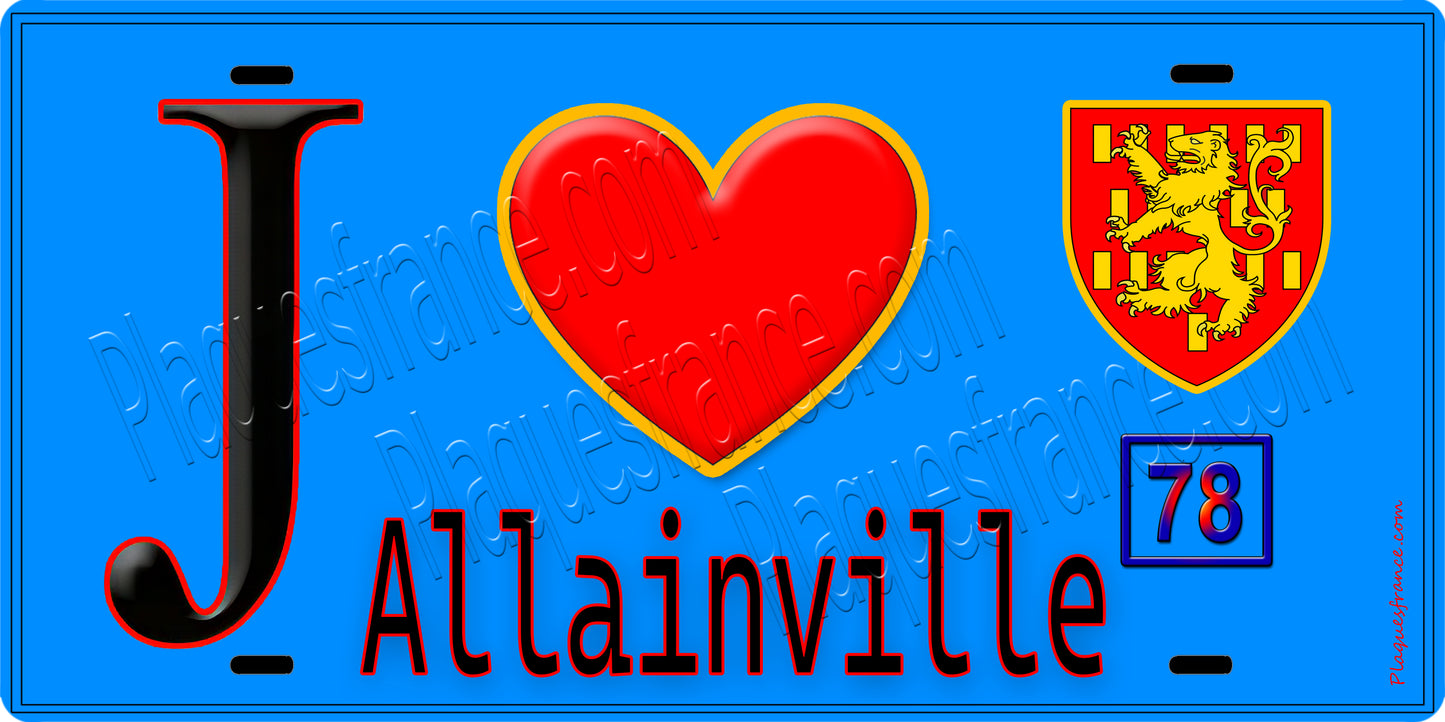 Plaque métal décorative  J' ❤️ Allainville, Yvelines (78) fond bleu