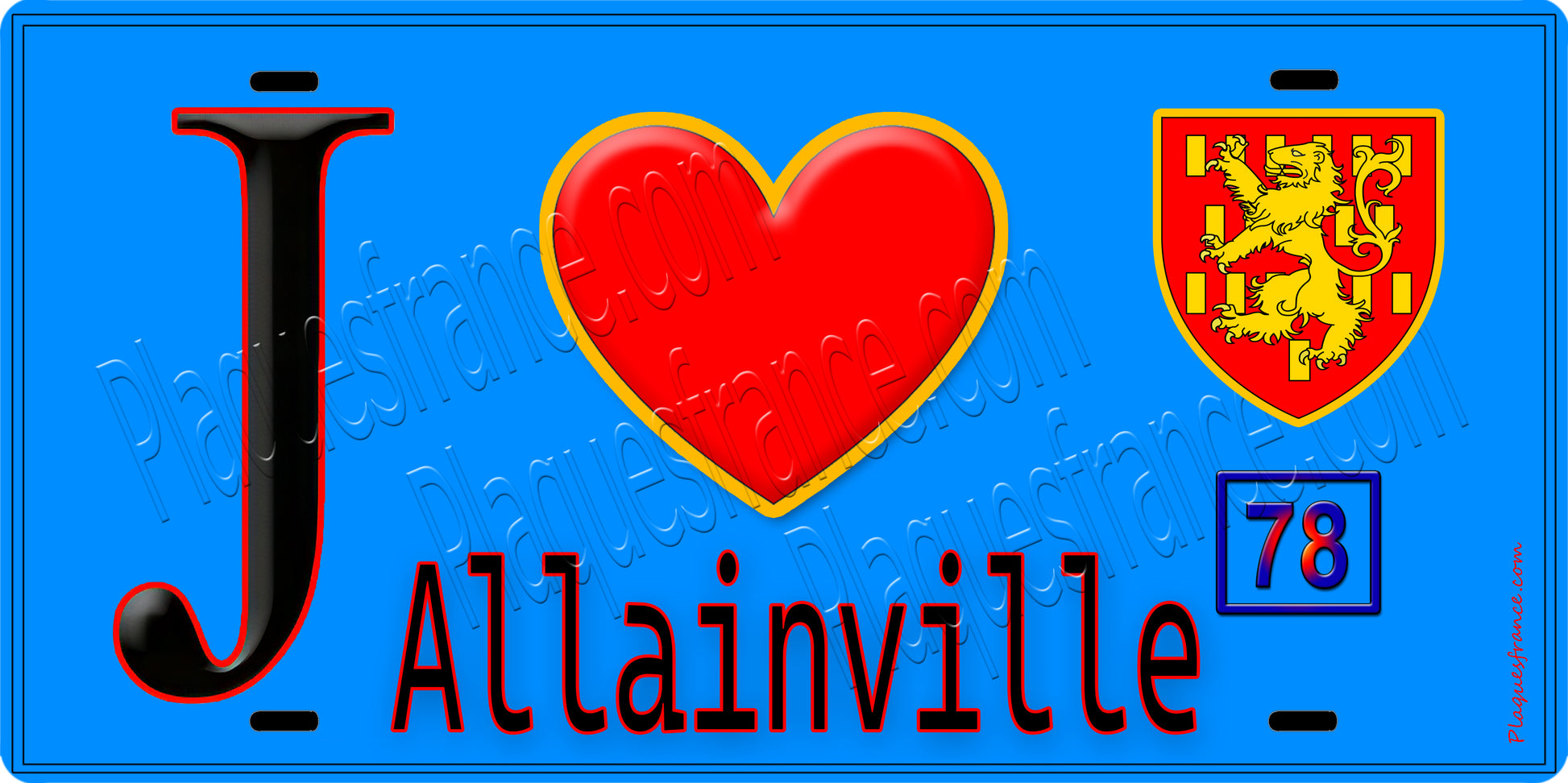 Plaque métal décorative  J' ❤️ Allainville, Yvelines (78) fond bleu