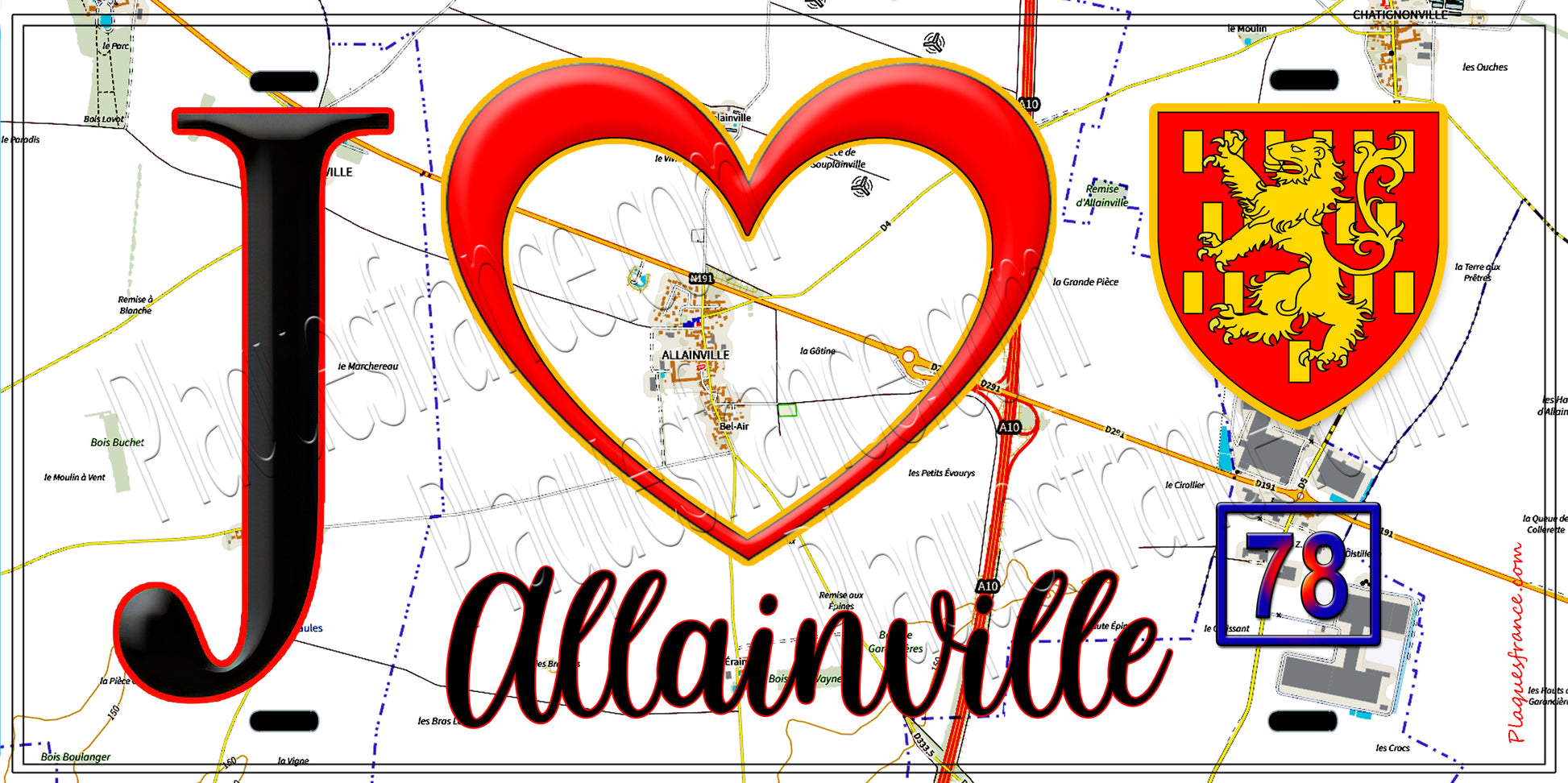 Plaque métal décorative  J' ❤️ Allainville, Yvelines (78) fond carte