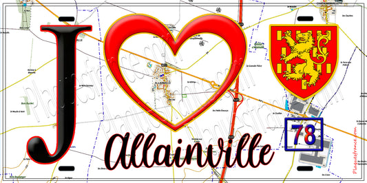 Plaque métal décorative  J' ❤️ Allainville, Yvelines (78) fond carte