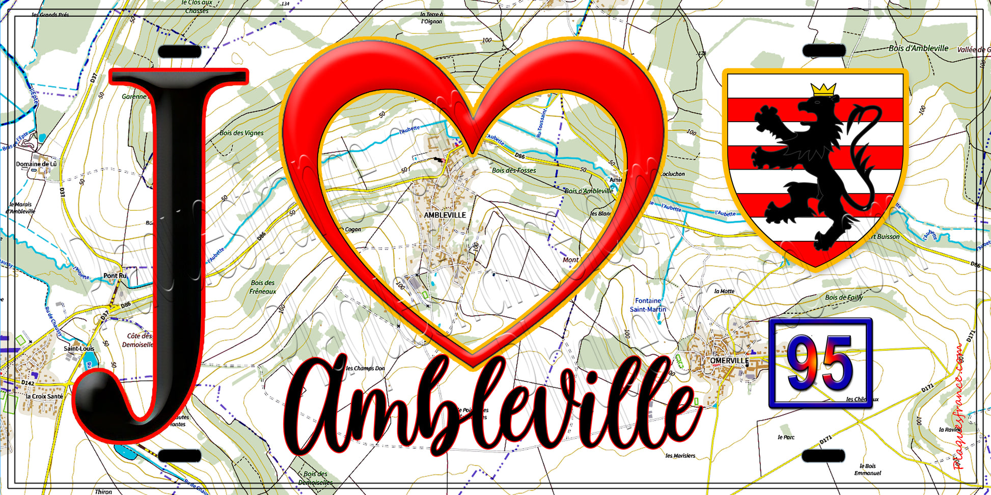 Plaque métal décorative  J' ❤️Ambleville, Val d'Oise (95) fond carte