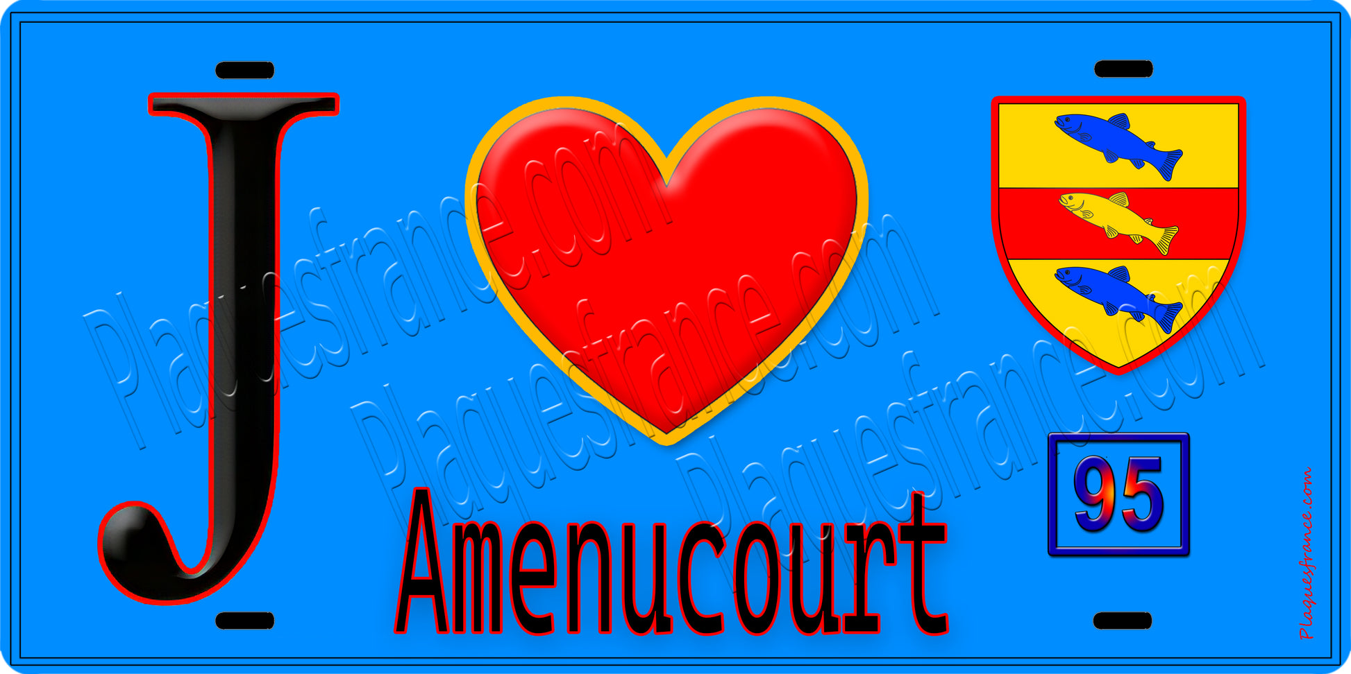 Plaque métal décorative  J' ❤️Amenucourt, Val d'Oise (95) fond bleu