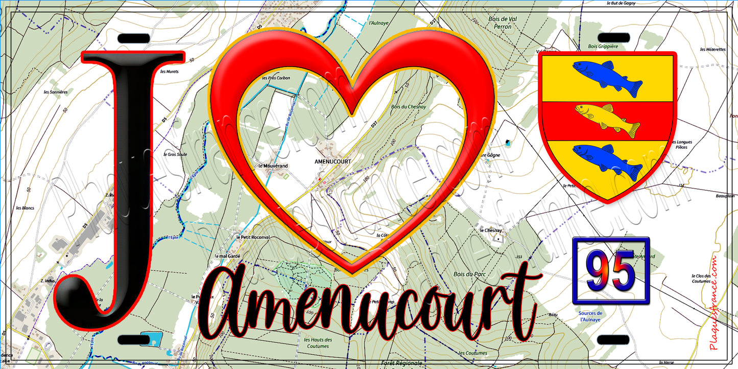 Plaque métal décorative  J' ❤️Amenucourt, Val d'Oise (95) fond carte