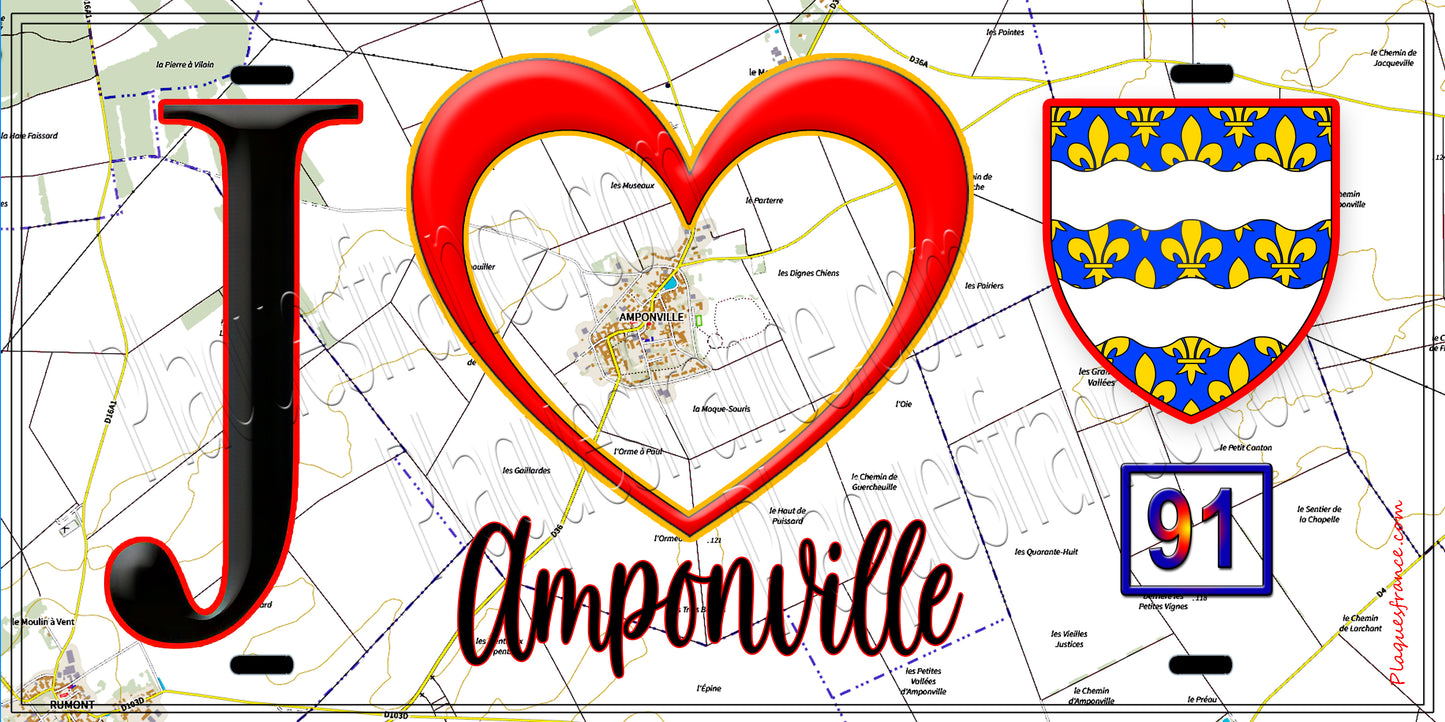 Plaque métal décorative  J' ❤️Amponville, Seine et Mrne (77) fond carte