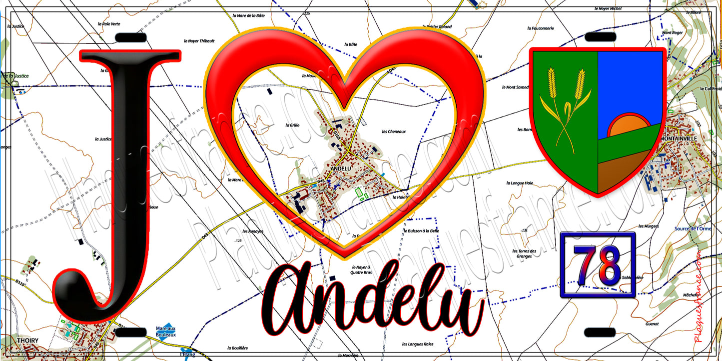 Plaque métal décorative  J' ❤️ Andelu, Yvelines (78) fond carte