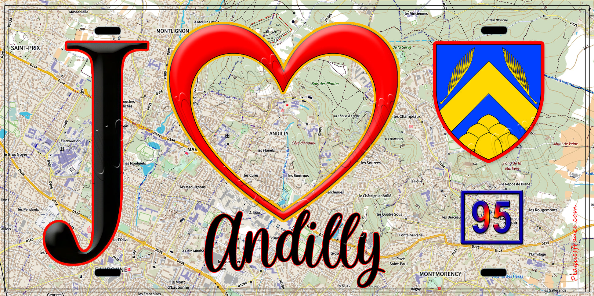 Plaque métal décorative  J' ❤️Andilly, Val d'Oise (95) fond carte
