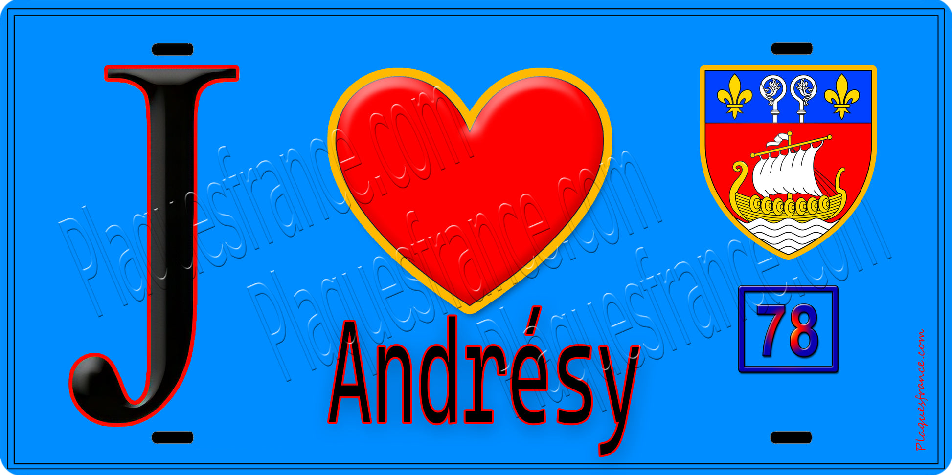 Plaque métal décorative  J' ❤️ Andrésy, Yvelines (78) fond beu