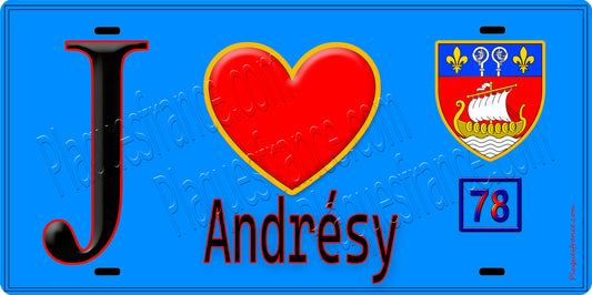Plaque métal décorative  J' ❤️ Andrésy, Yvelines (78) fond beu
