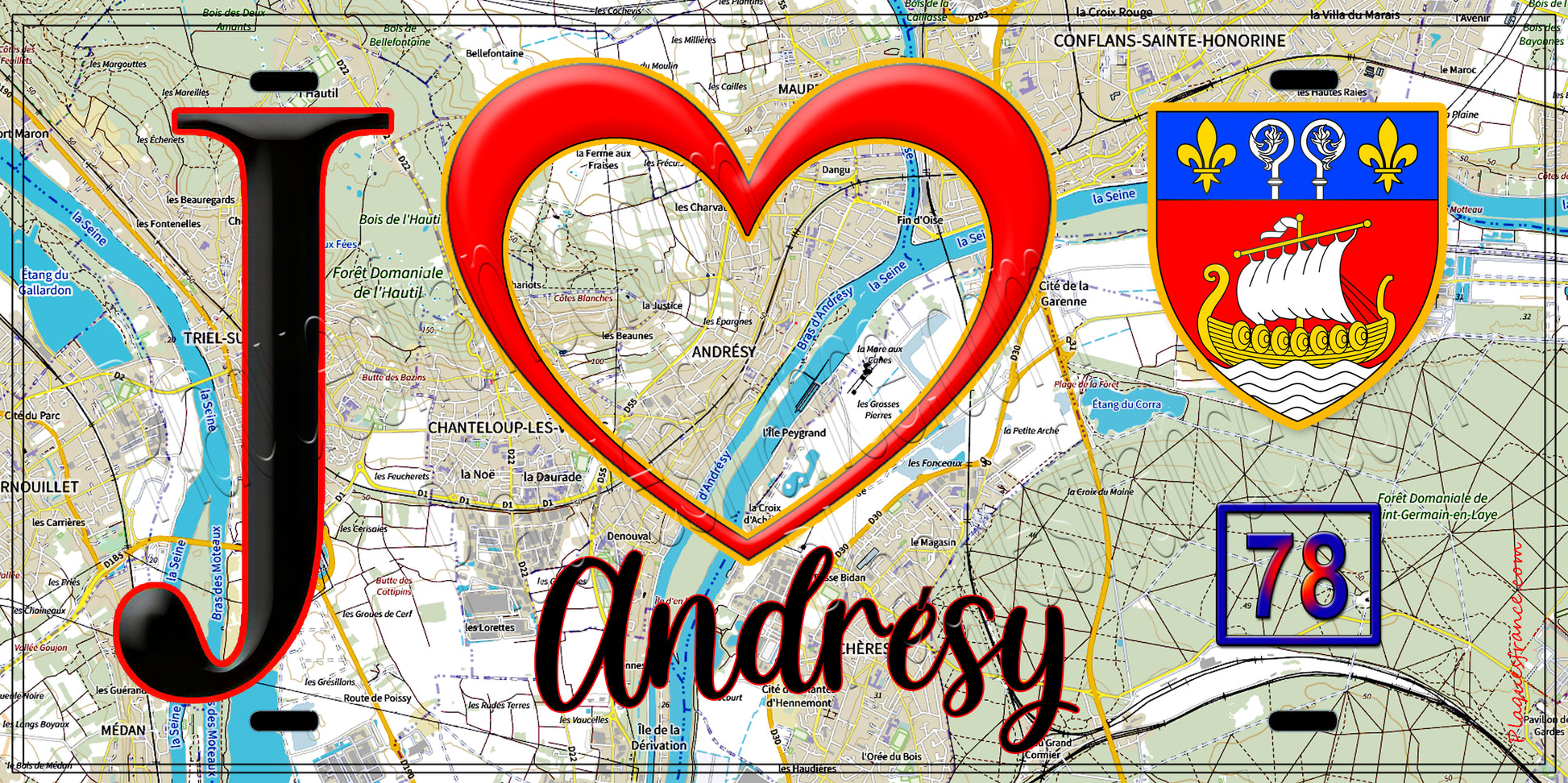 Plaque métal décorative  J' ❤️ Andrésy, Yvelines (78) fond carte