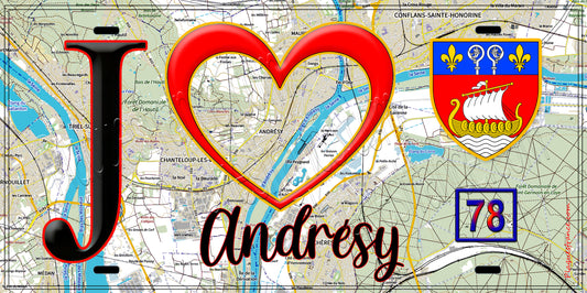 Plaque métal décorative  J' ❤️ Andrésy, Yvelines (78) fond carte