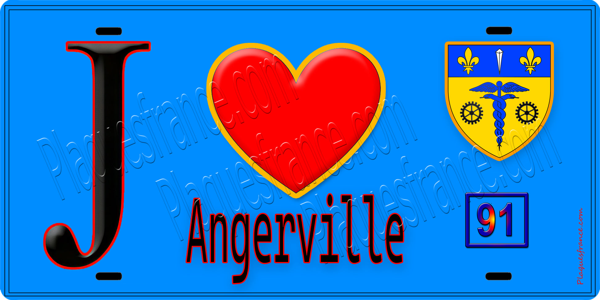 Plaque métal décorative  J' ❤️Angerville, Essonne (91) fond bleu