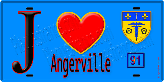 Plaque métal décorative  J' ❤️Angerville, Essonne (91) fond bleu