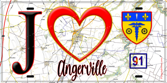 Plaque métal décorative  J' ❤️Angerville, Essonne (91) fond carte