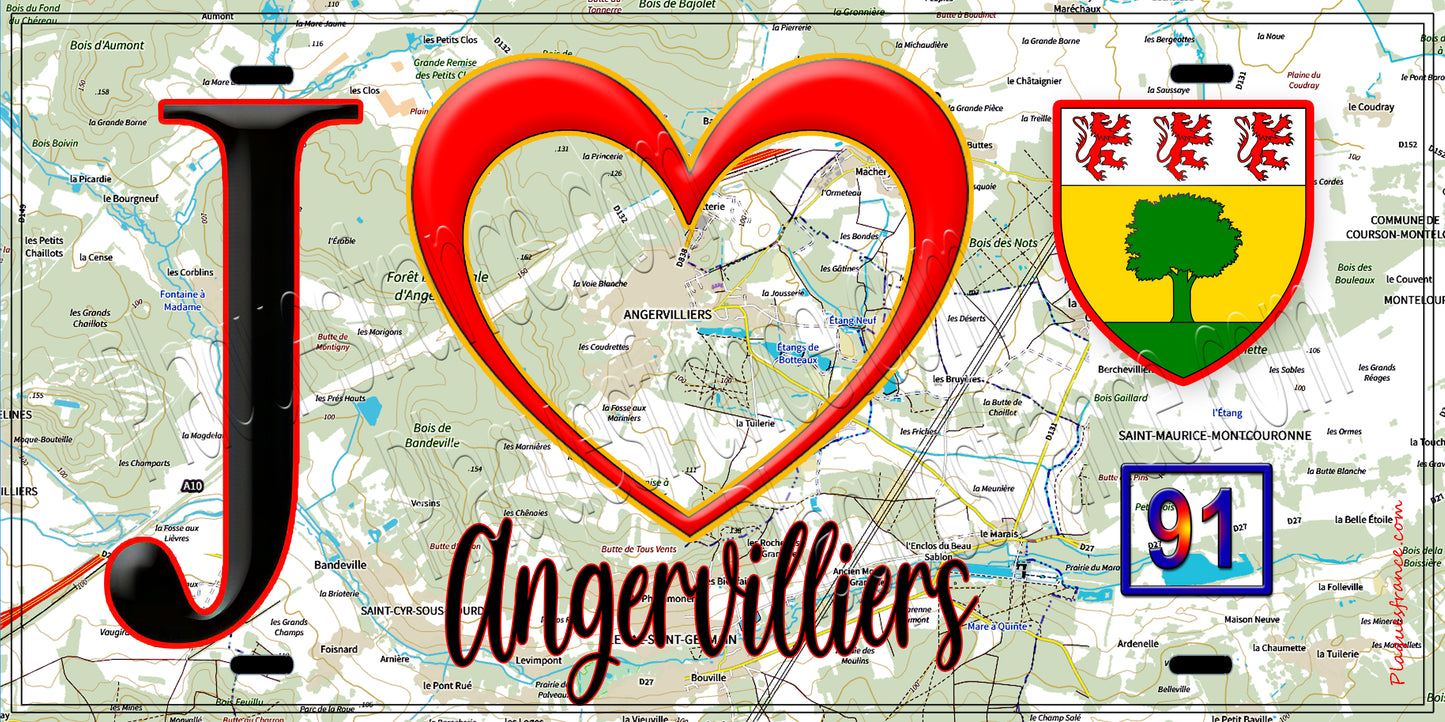 Plaque métal décorative  J' ❤️Angervilliers, Essonne (91) fond carte