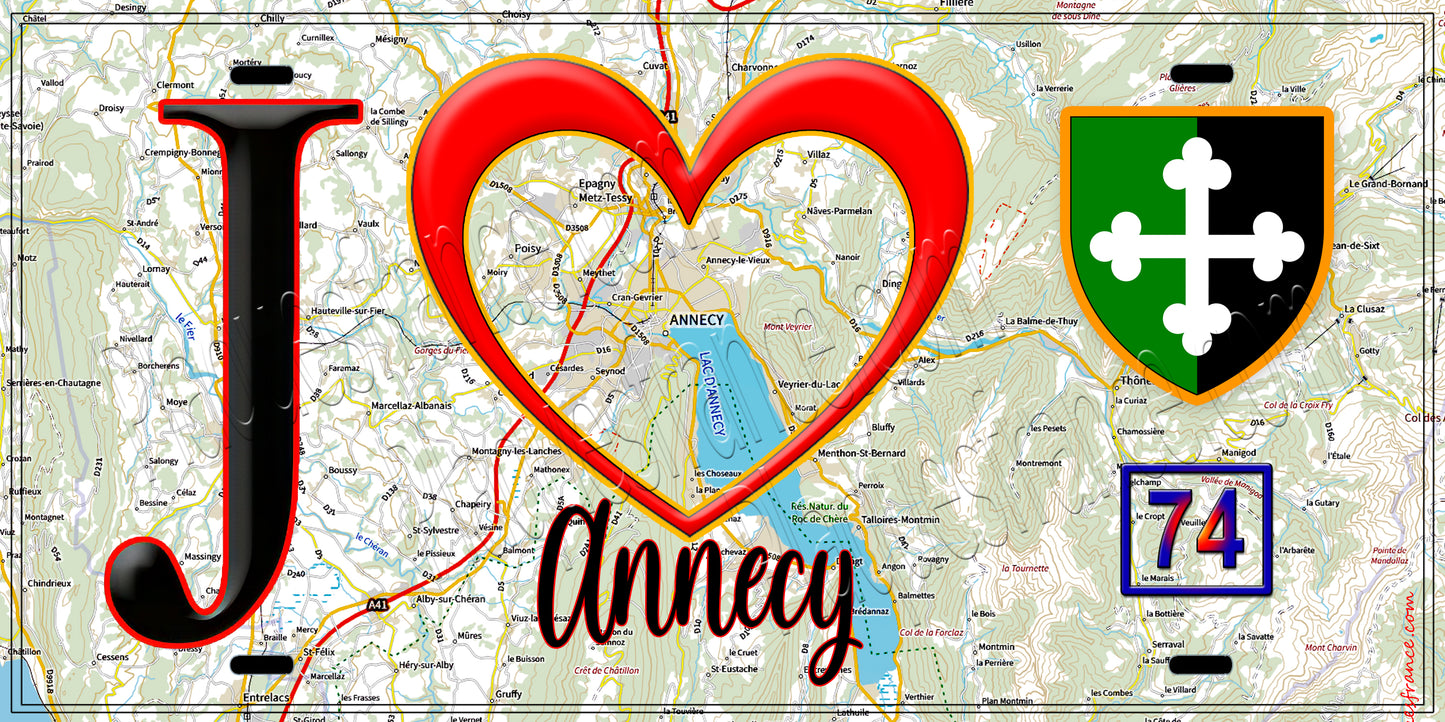 Plaque métal décorative  J' ❤️ Annecy, Haute Savoie (74) fond carte