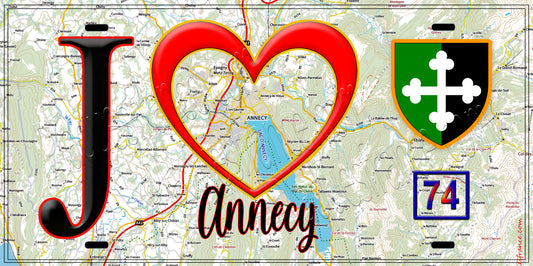 Plaque métal décorative  J' ❤️ Annecy, Haute Savoie (74) fond carte
