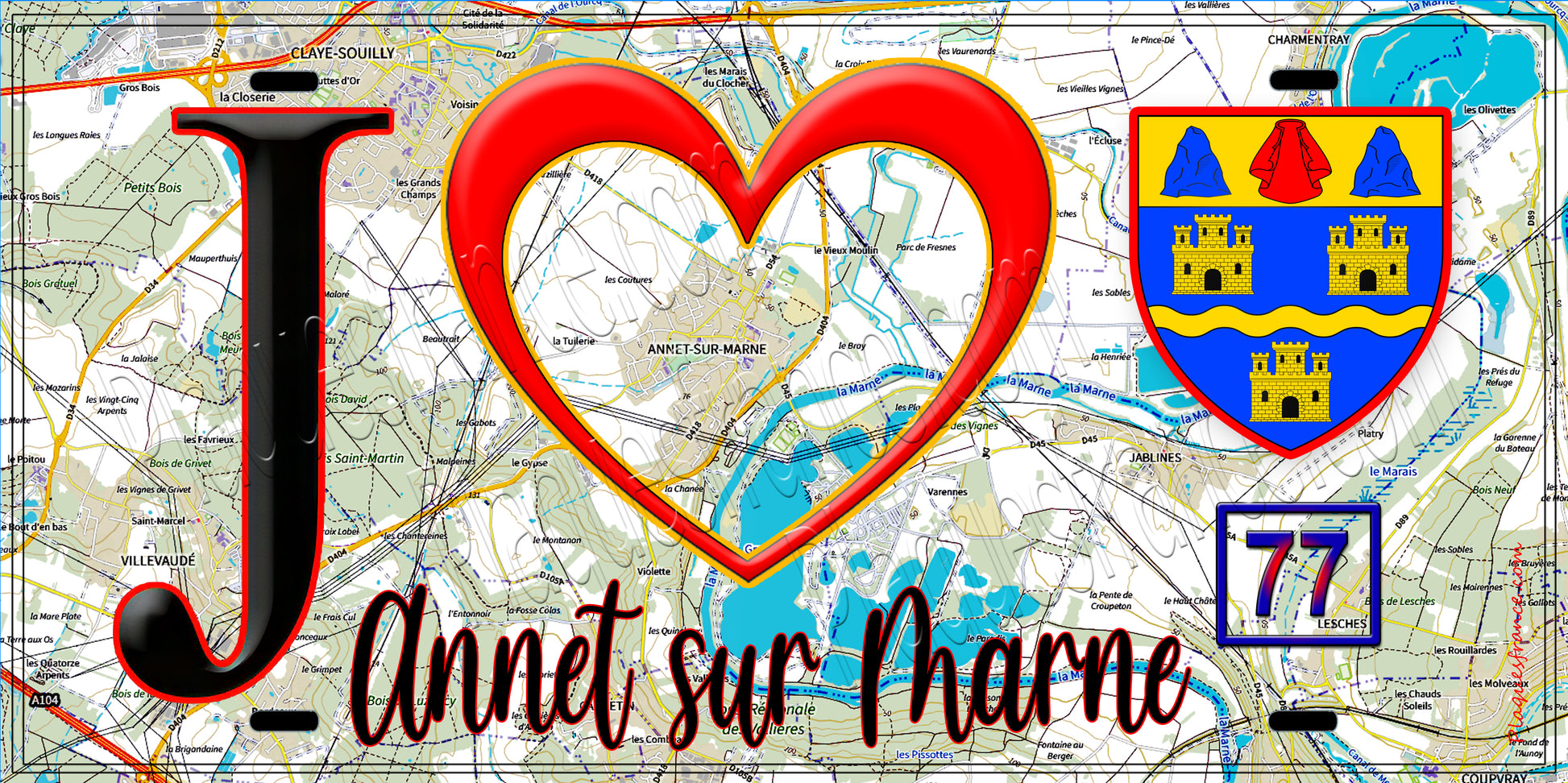 Plaque métal décorative  J' ❤️Annet-sur-Marne, Seine et Mrne (77) fond carte