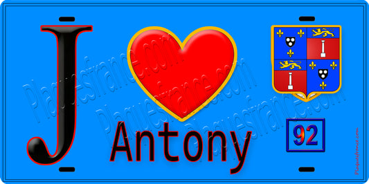 Plaque métal décorative  J' ❤️ Antony, Hauts de Seine (92) fond bleu