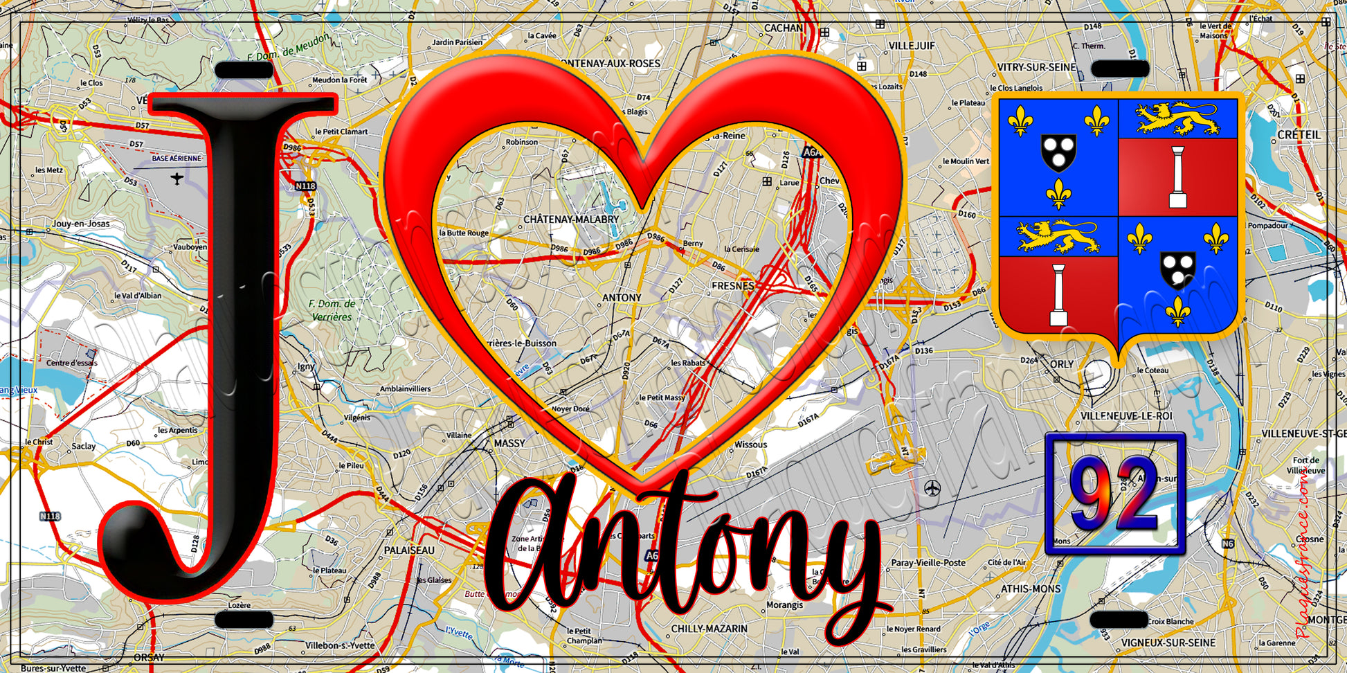 Plaque métal décorative  J' ❤️ Antony, Hauts de Seine (92) fond carte