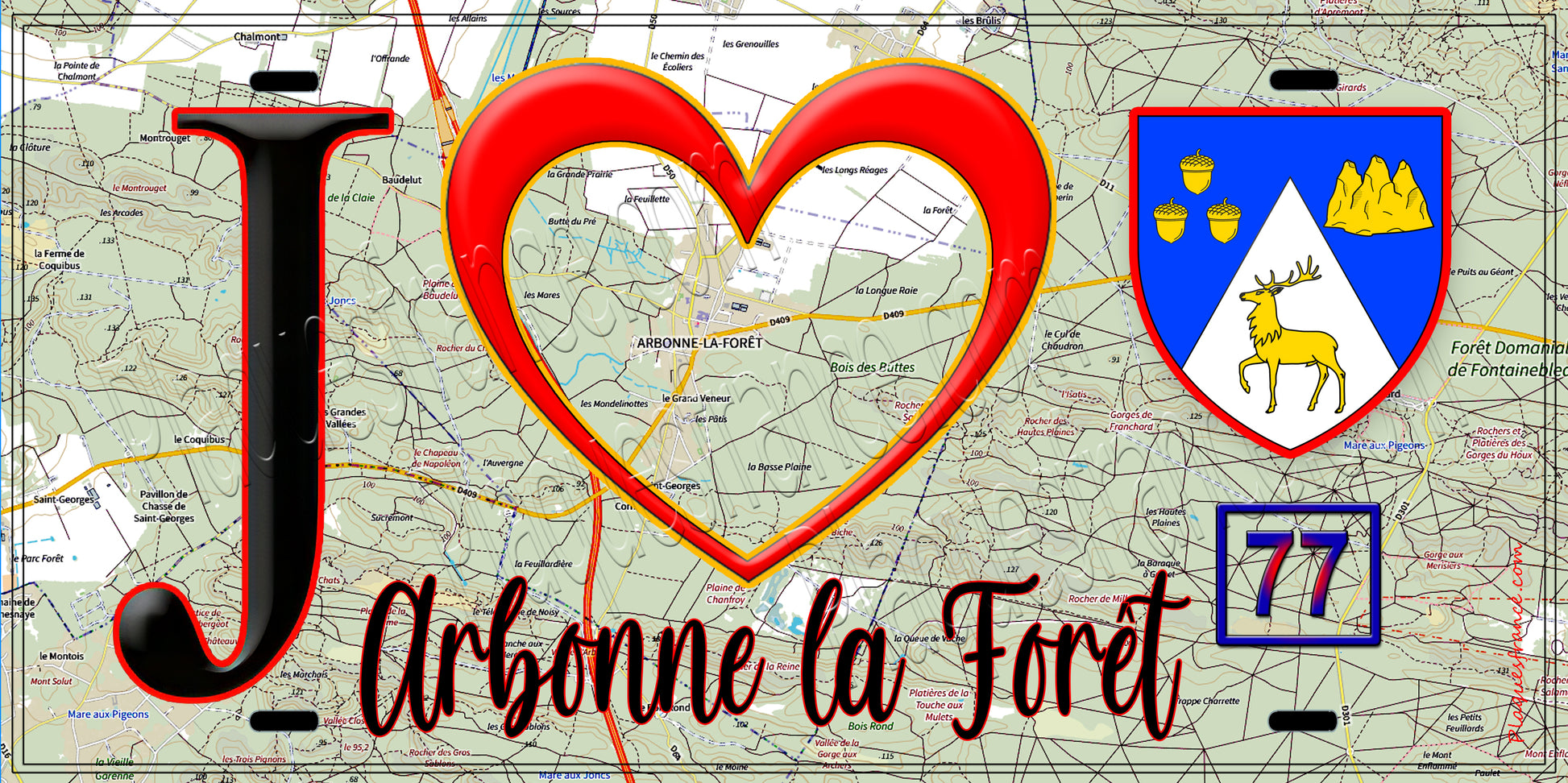 Plaque métal décorative  J' ❤️Arbonne-la-Forêt, Seine et Mrne (77) fond crte
