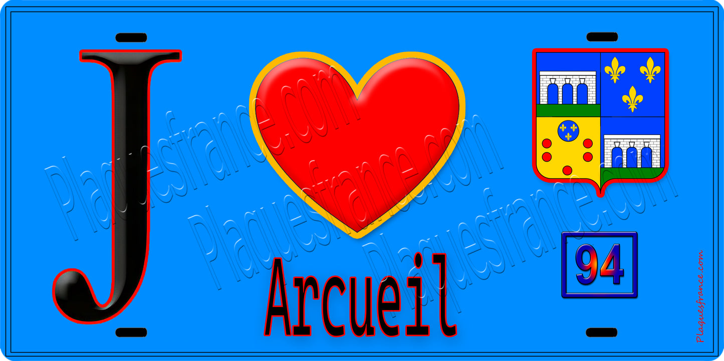 Plaque métal décorative  J' ❤️Arcueil, Val de Marne (94) fond bleu